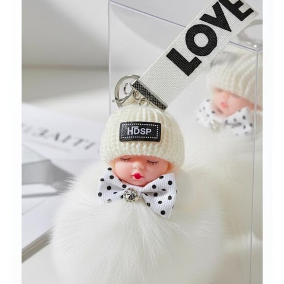 Cute Baby Sleeping Keychain with LOVE tag, Plush rabbit fur, Bag Charm - Picture 4 of 7